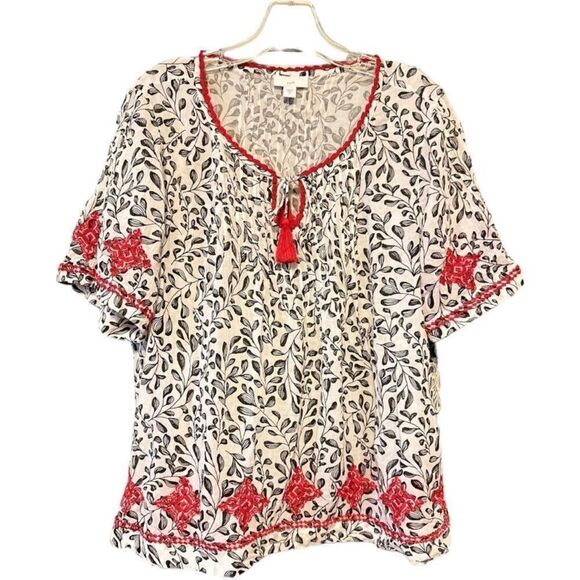 J. Jill XL White Black Red Floral Embroidered Short Sleeve Tasseled Blouse - Picture 5 of 10